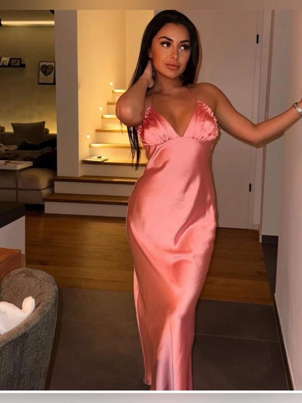 NWT Zara Pink Satin Ruffle Halter Maxi Slip Dress Size Small
